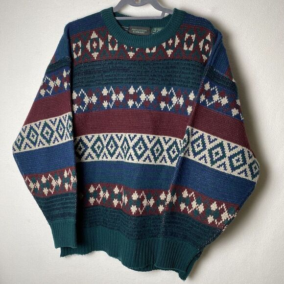 VTG Johnathan Stewart Sweater Men XL Green Blue Fair Isle Grandpa Grunge 90's - Picture 1 of 7